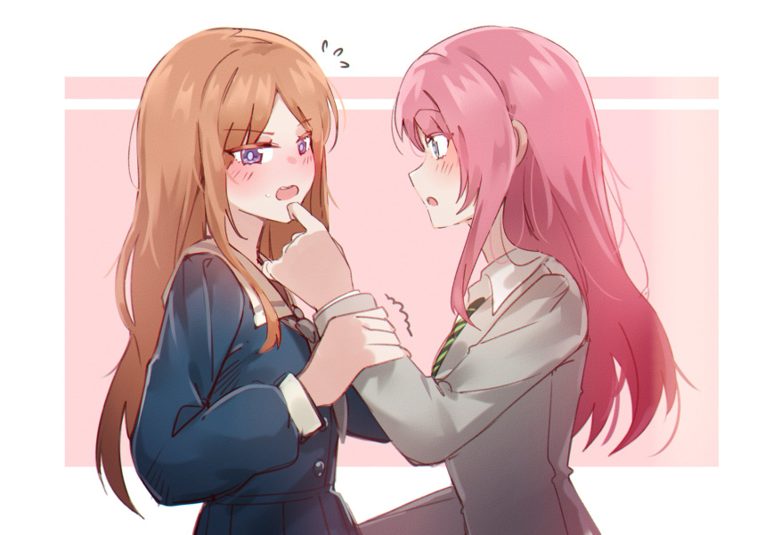 2girls, absurdres, bang_dream!, bang_dream!_it's_mygo!!!!!, blue_shirt, blush, brown_hair, chihaya_anon