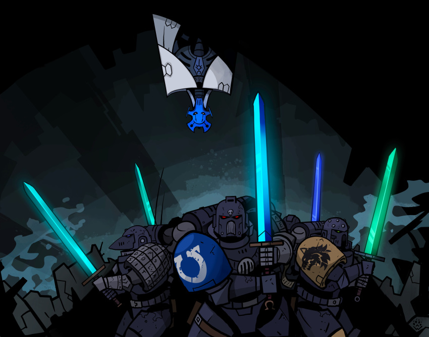6+boys, absurdres, adeptus_astartes, armor, crossover, general_grievous, highres, holding