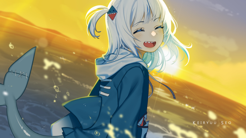 1girl, absurdres, blue_hair, blue_hoodie, fins, fish_tail, from_behind, gawr_gura