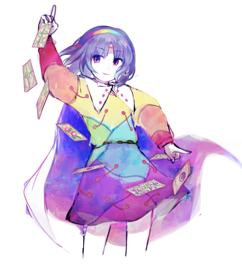 1other, androgynous, arm_up, blue_cape, blunt_bangs, brown_headband, cape, closed_mouth