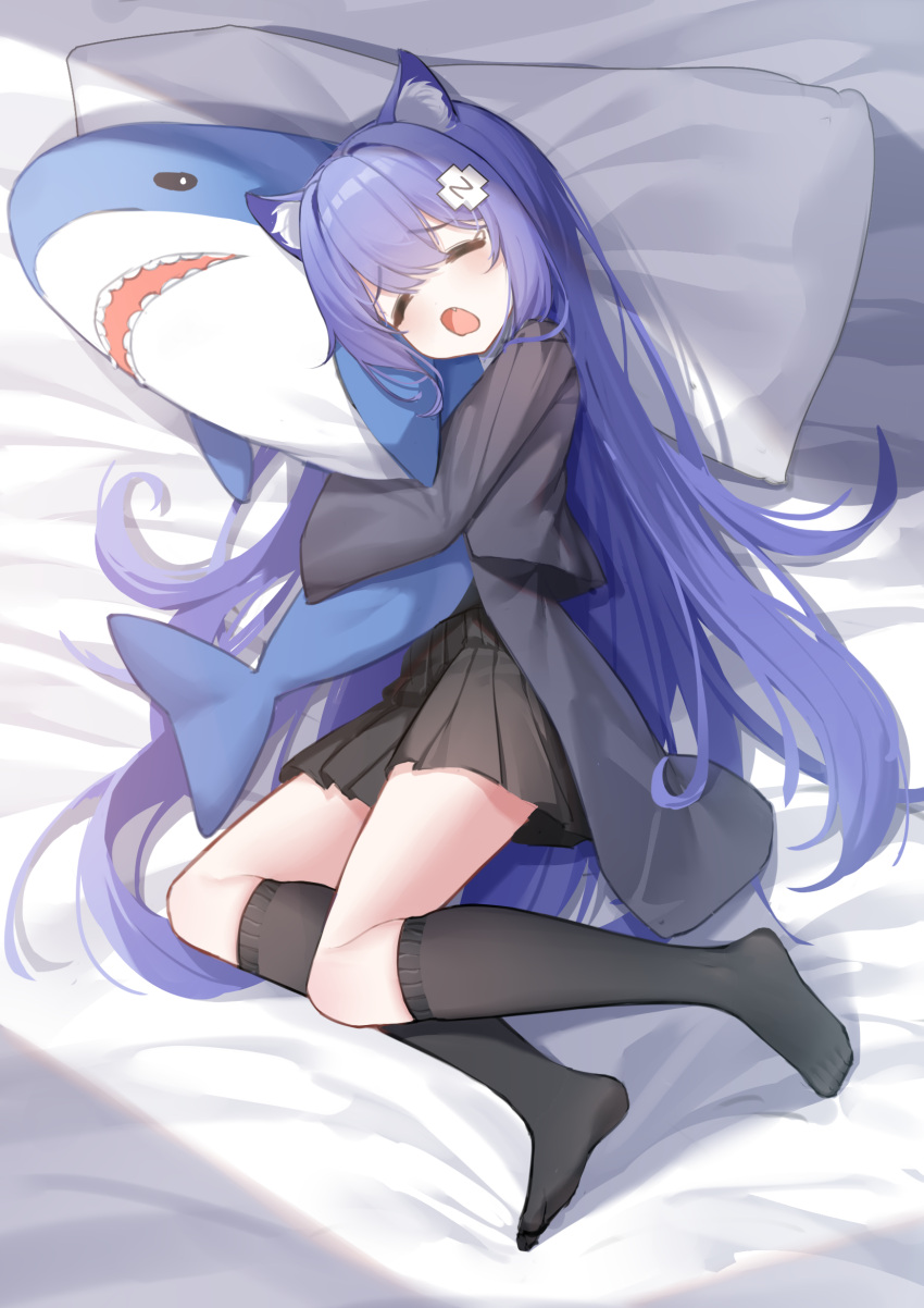 1girl, animal_ear_fluff, animal_ears, black_coat, black_skirt, black_socks, blue_hair, cat_ears