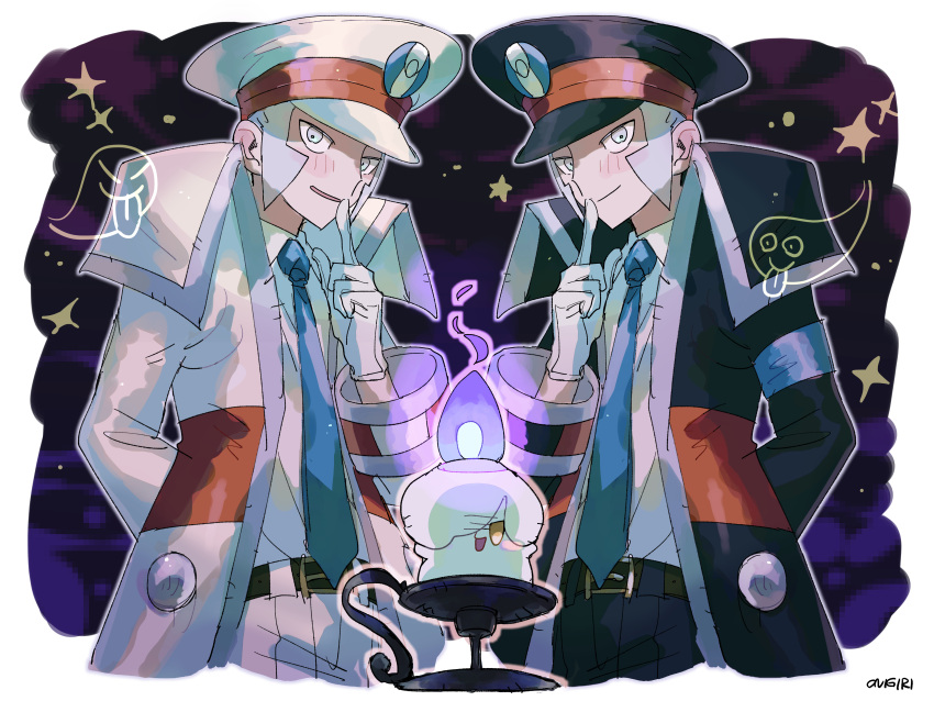 2boys, absurdres, arm_behind_back, black_coat, black_hat, blush, brothers, coat, collared_shirt, emmet_(pokemon), fire, grey_eyes, hat, highres, index_finger_raised, ingo_(pokemon), litwick, long_sleeves, looking_at_viewer, male_focus, multiple_boys, necktie, onigiri_(ahku5522), pokemon, pokemon_bw, purple_fire, shirt, siblings, twins, white_shirt, yellow_eyes