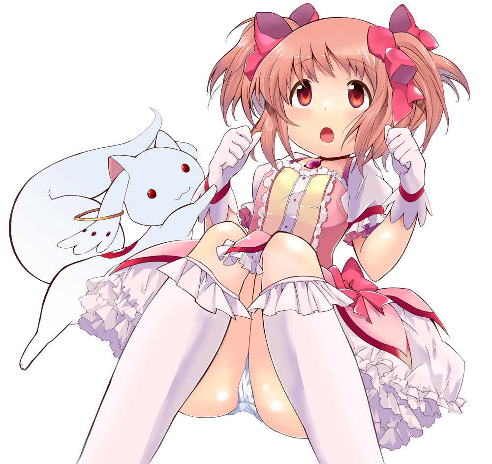 dress, gloves, kaname_madoka, kneehighs, kyubey, kyuubee, mahou_shoujo_madoka_magica, open_mouth