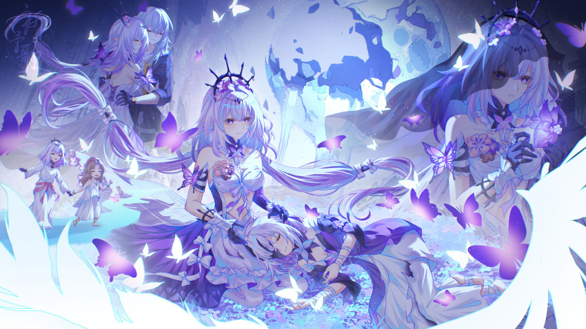 absurdres, aqinorz, bare_shoulders, black_tiara, bug, butterfly, castorice_(honkai:_star_rail), closed_eyes