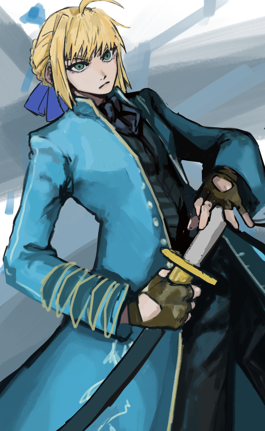 1girl, absurdres, artoria_pendragon_(fate), blonde_hair, blue_coat, brenzo14783, coat, cosplay