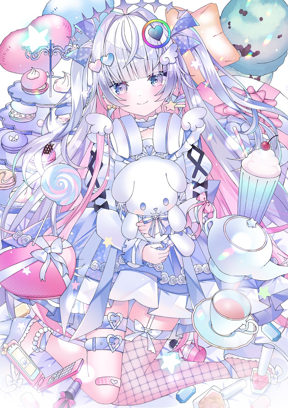 1girl, aoi_yugina, asymmetrical_legwear, blue_dress, blue_eyes, blunt_bangs, cellphone, cup