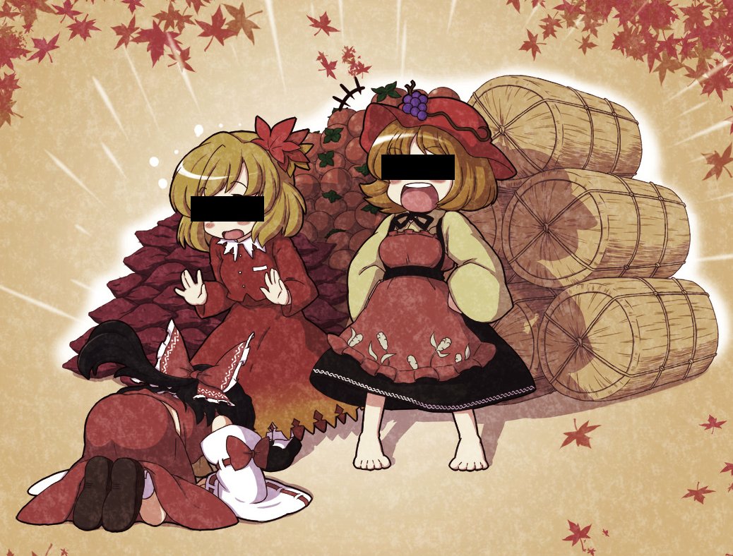 3girls, aki_minoriko, aki_shizuha, apron, bar_censor, barefoot, begging, blonde_hair, blush, bow, bowing, brown_hair, censored, detached_sleeves, dogeza, dress, face_down, food, food-themed_hair_ornament, foot_on_head, frilled_bow, frills, fruit, fruit_hat_ornament, gloating, grape_hair_ornament, grape_hat_ornament, grapes, hair_bow, hair_ornament, hakurei_reimu, hat, leaf, leaf_hair_ornament, leaf_on_head, long_hair, long_sleeves, maple_leaf, mob_cap, multiple_girls, open_mouth, orange_apron, persimmon, prostration, red_apron, red_bow, rice_bag, shirt, short_hair, siblings, sisters, skirt, smile, sweet_potato, tanasuke, touhou