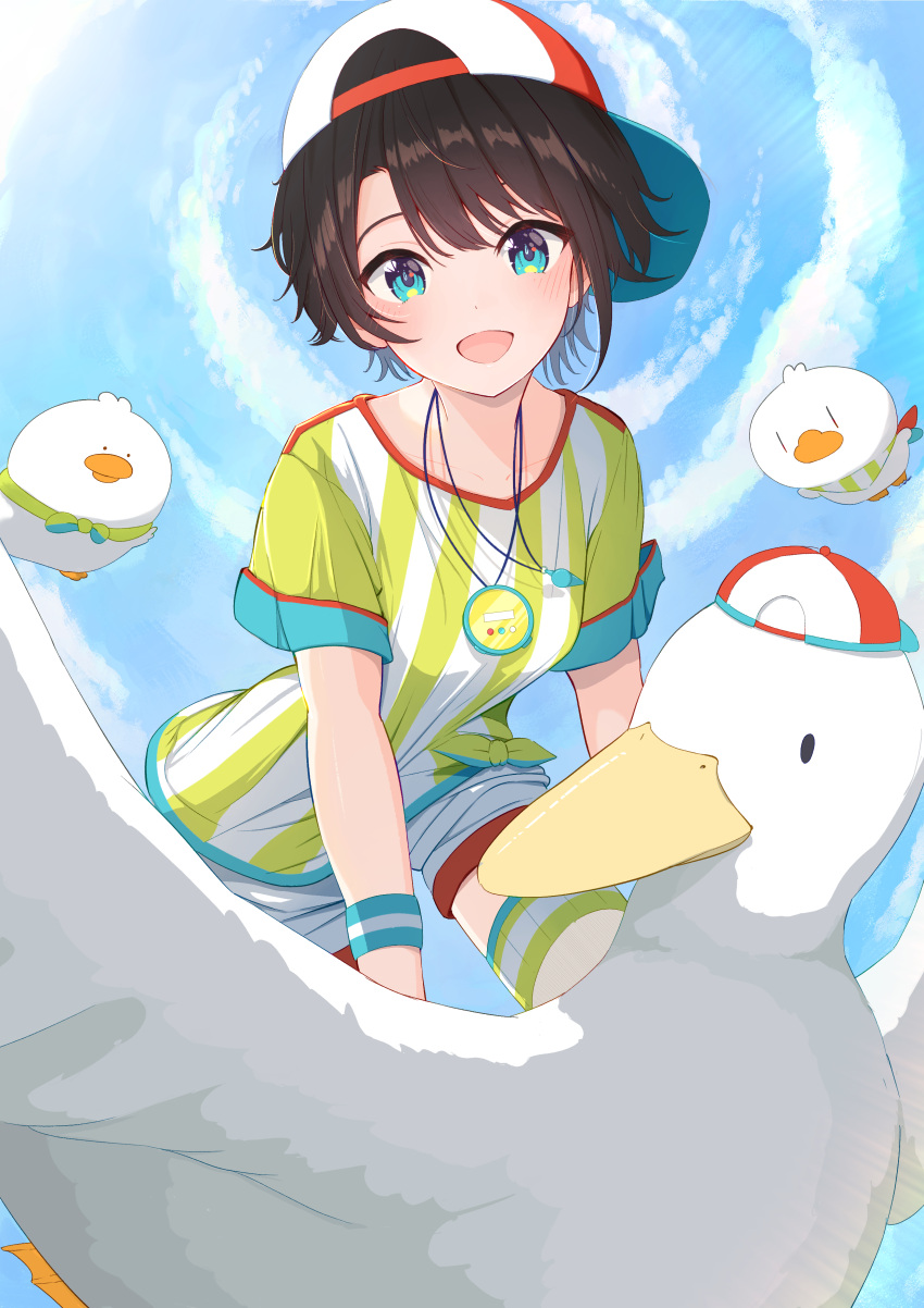 1girl, :d, absurdres, aqua_eyes, baseball_cap, black_hair, clouds, commentary_request