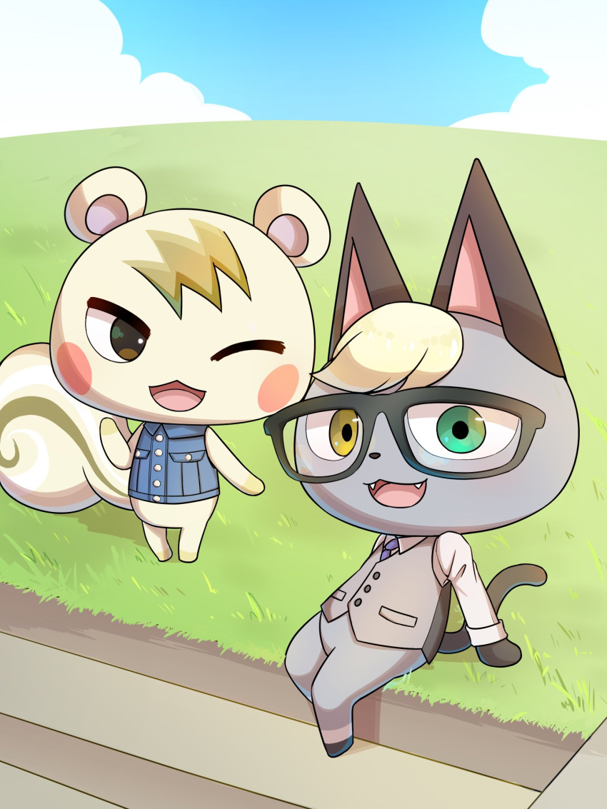 2boys, animal_crossing, animal_ears, blue_sky, cat_boy, cat_ears, cat_tail, clouds