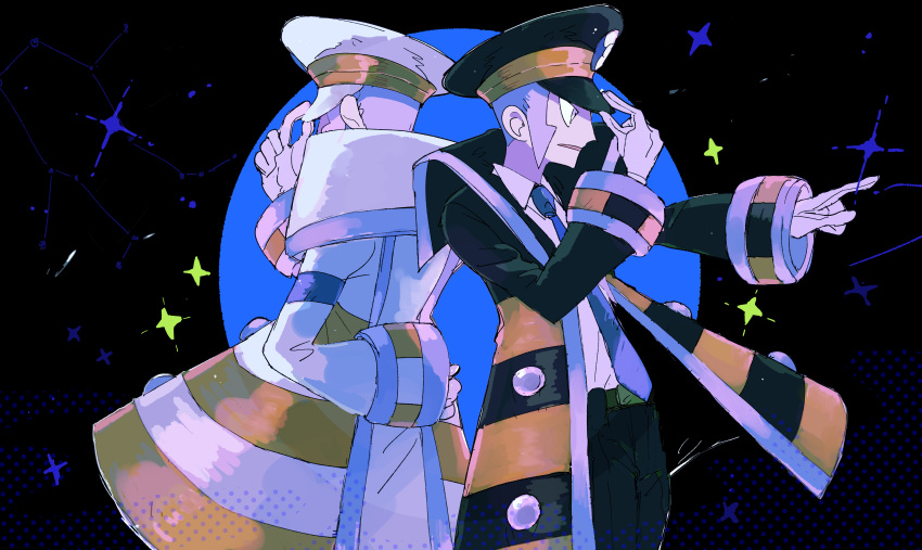 2boys, absurdres, adjusting_clothes, adjusting_headwear, arm_behind_back, back-to-back, black_coat, black_hat