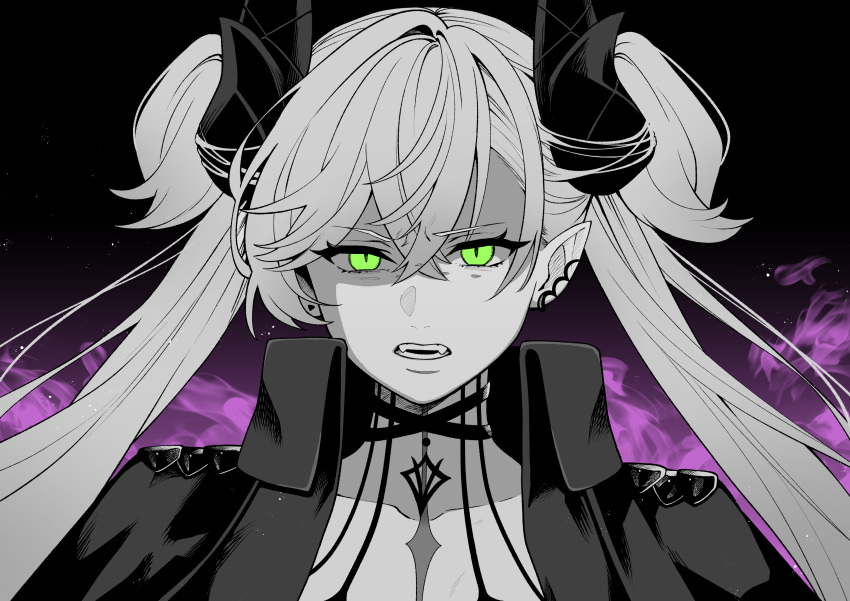 absurdres, black_jacket, body_markings, braid, disgust, earrings, fate/grand_order, fate_(series), fjfs522, green_eyes, grey_hair, highres, horns, jacket, jewelry, multiple_braids, multiple_earrings, naked_jacket, open_clothes, open_jacket, open_mouth, ordeal_call_servant_(female), pointy_ears, twintails