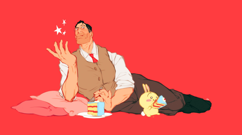 1boy, absurdres, black_hair, boots, cake, chiikawa, crossover, eating