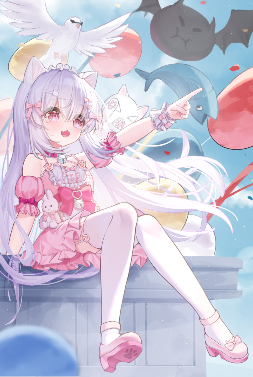 1girl, bare_shoulders, bell, bird, blue_sky, bow, cat, commentary_request, dress, fang, fish, garter_straps, hair_bow, hair_ornament, hairclip, heart, heart-shaped_pupils, highres, long_hair, neck_bell, original, pink_dress, pink_shoes, pointing, pointing_forward, shoes, skin_fang, sky, stuffed_animal, stuffed_rabbit, stuffed_toy, symbol-shaped_pupils, thigh-highs, very_long_hair, white_cat, white_hair, white_thighhighs, wlswlp, wrist_cuffs