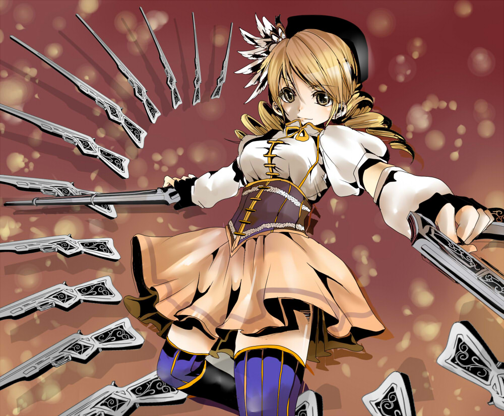 bad_id, beret, blonde_hair, brown_eyes, corset, drill_hair, fingerless_gloves, gloves