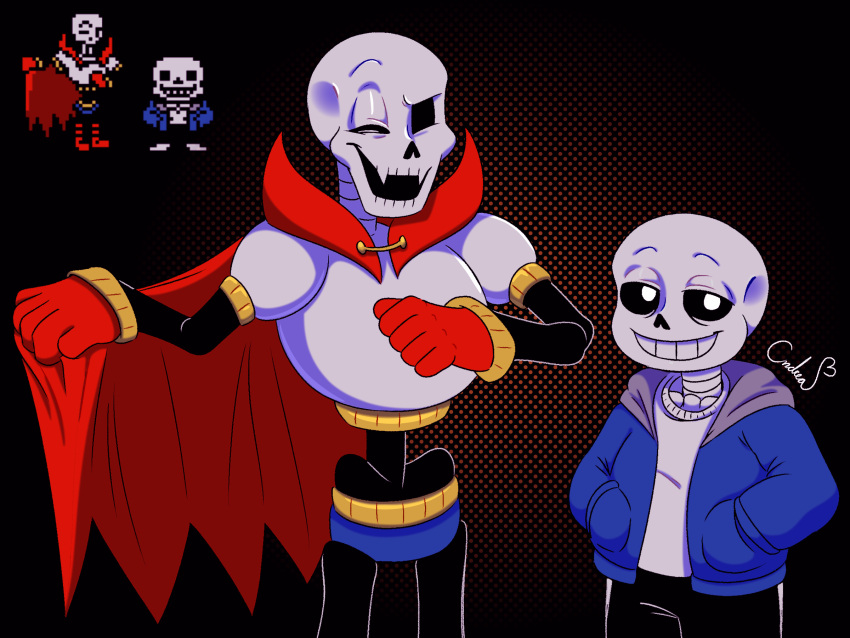 2023, 2boys, 2d, adapted_costume, armor, black_background, black_shorts, blue_jacket, blue_shorts, brothers, cape, cowboy_shot, digital_media, fangs, gloves, halloween, halloween_costume, hand_on_own_chest, hands_in_pockets, highres, hood, hood_down, hooded_jacket, humanoid, jacket, male_focus, monster, monster_boy, multiple_boys, official_art_inset, one_eye_closed, open_jacket, papyrus_(undertale), pixel_art_inset, red_cape, red_gloves, reference_inset, reinadecorazonez, sans_(undertale), shirt, shorts, siblings, signature, simple_background, sprite_redraw, striped_shorts, teeth, undead, undertale, utdr_(toby_fox), vampire_costume, white_armor, white_shirt, white_stripes