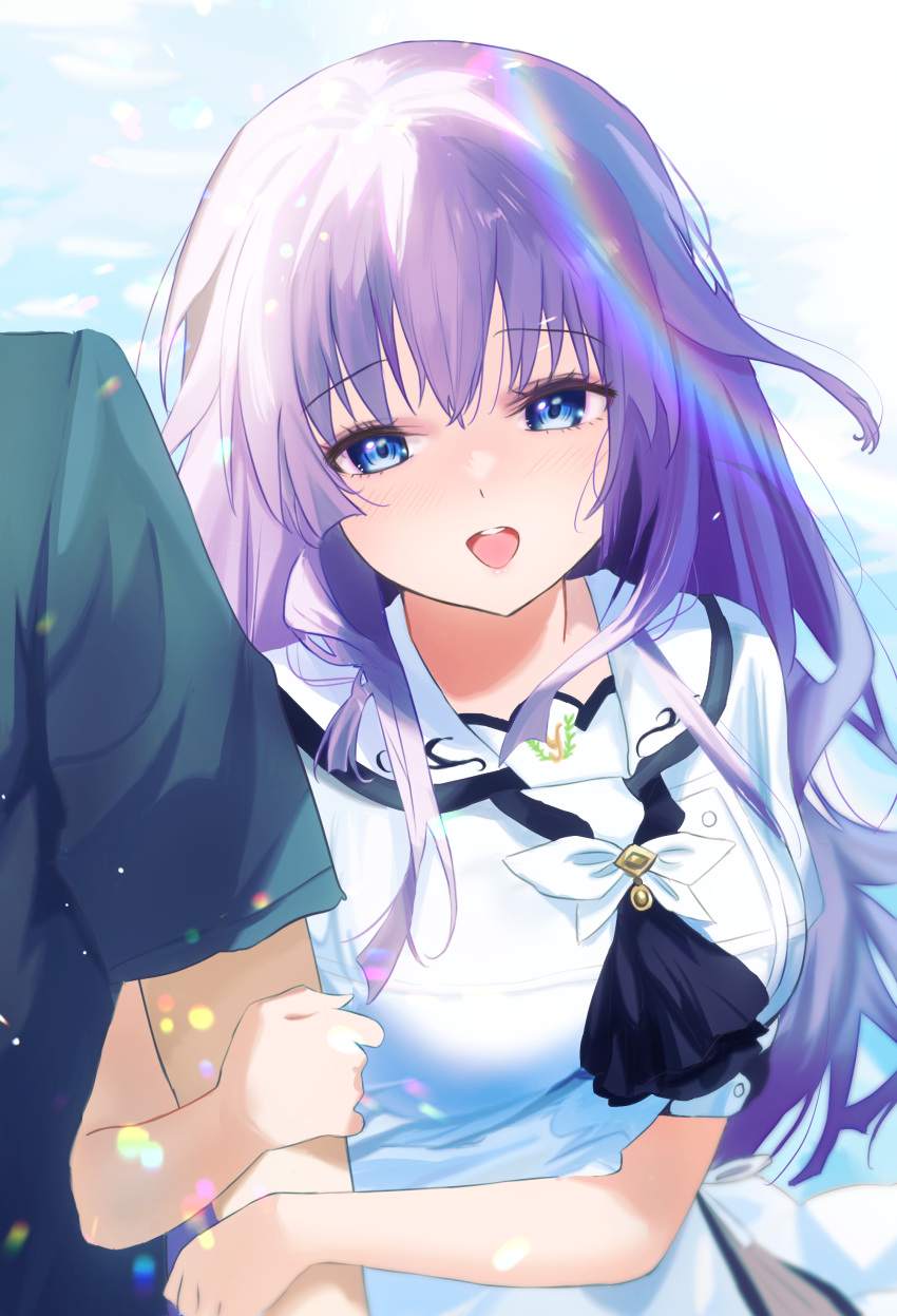 1boy, 1girl, :d, absurdres, arm_hug, ascot, backlighting, blue_ascot