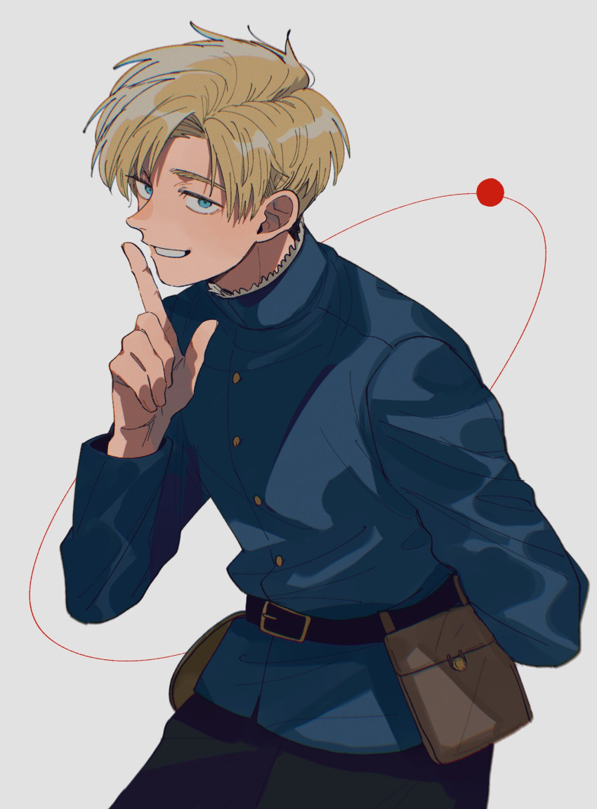 1boy, astrolabe, belt, belt_bag, belt_buckle, black_belt, black_pants, blonde_hair