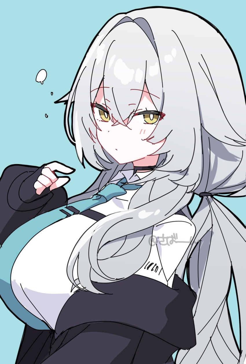 1girl, akikan_sabako, aqua_background, aqua_necktie, black_choker, black_jacket, blue_background, blue_necktie, blush, breasts, choker, closed_mouth, collared_shirt, grey_hair, hair_between_eyes, highres, jacket, large_breasts, long_hair, long_sleeves, looking_at_viewer, low_twintails, necktie, rurune_(vrchat), shirt, simple_background, sleeves_past_wrists, solo, twintails, upper_body, vrchat, white_shirt, yellow_eyes