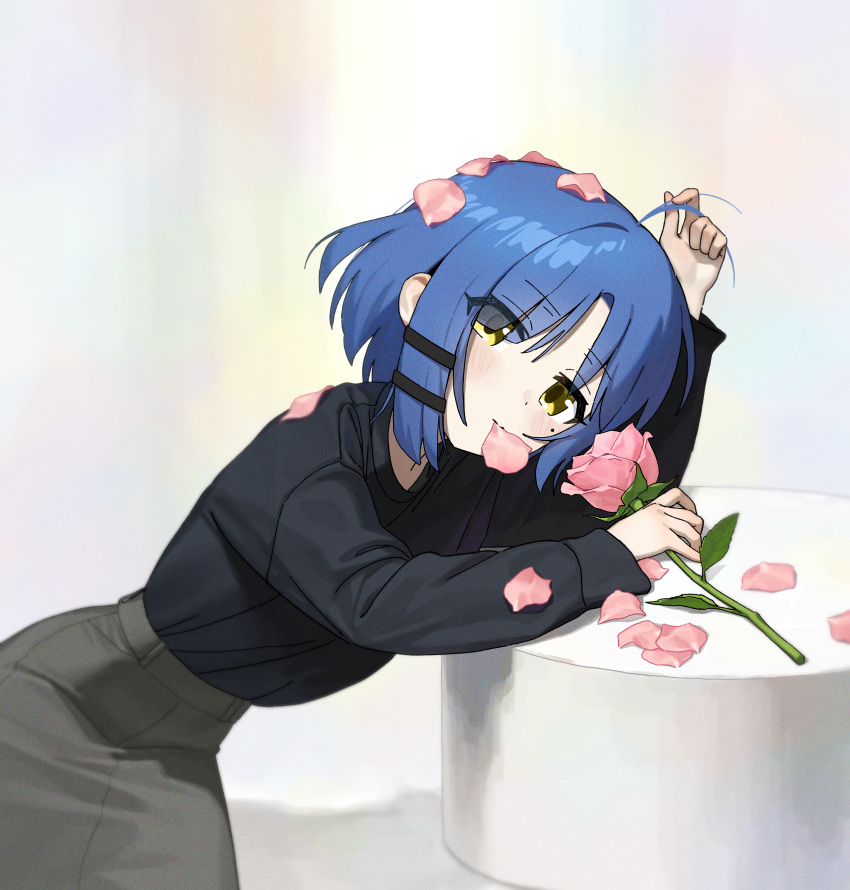 1girl, absurdres, ahoge, alternate_costume, b1026, black_sweater, blue_hair, blush, bocchi_the_rock!, closed_mouth, flower, grey_skirt, hair_ornament, hairclip, highres, holding, holding_flower, leaning_on_table, light_blush, long_sleeves, looking_at_viewer, mole, mole_under_eye, mouth_hold, petals, pink_flower, pink_rose, rose, rose_petals, school_uniform, shadow, short_hair, simple_background, skirt, skirt_suit, solo, suit, sweater, white_background, yamada_ryo, yellow_eyes
