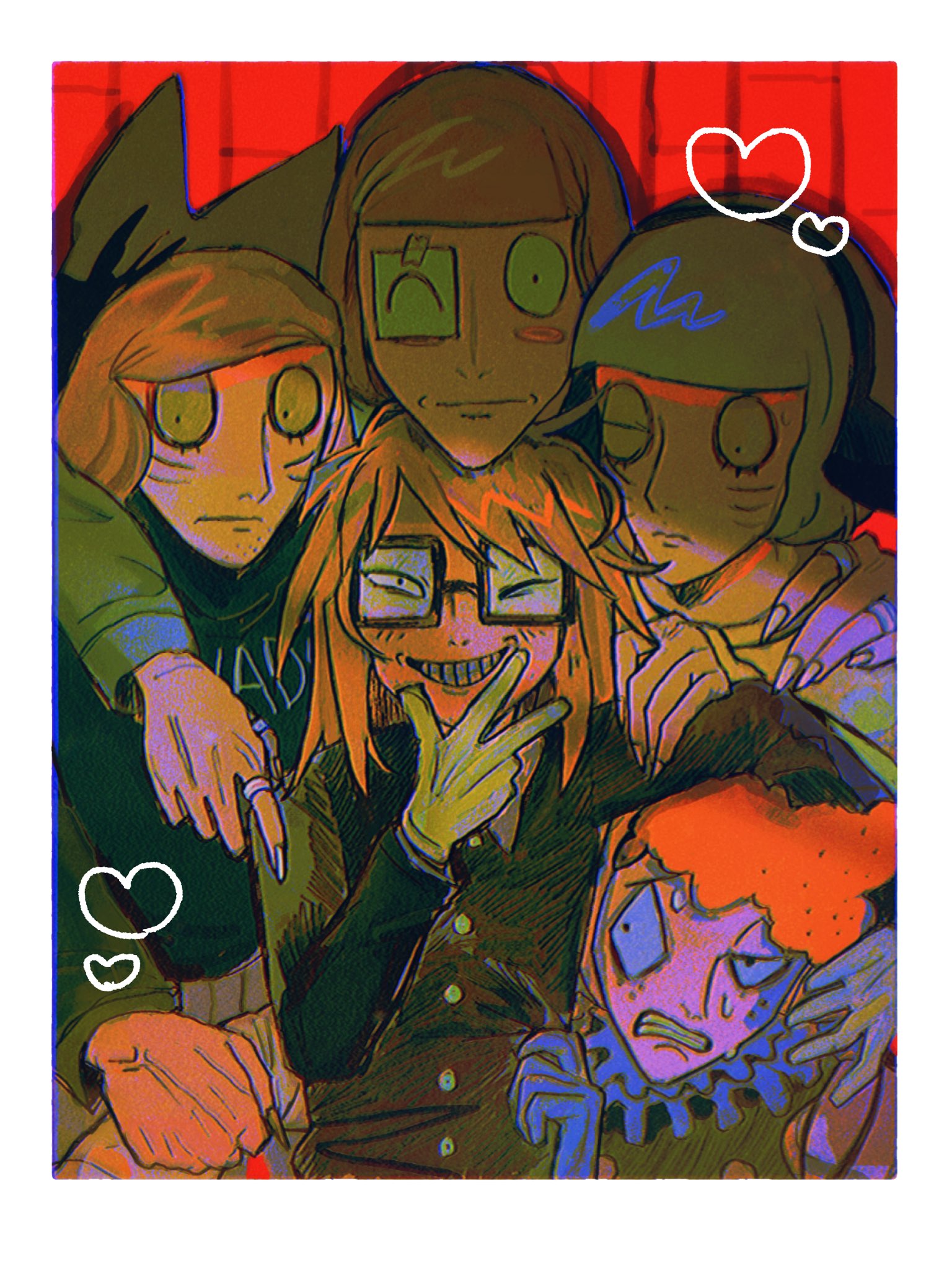 5boys, animal_ears, animal_hat, arm_around_shoulder, arm_on_another's_head, black_coat, brown_hair, cat_hat