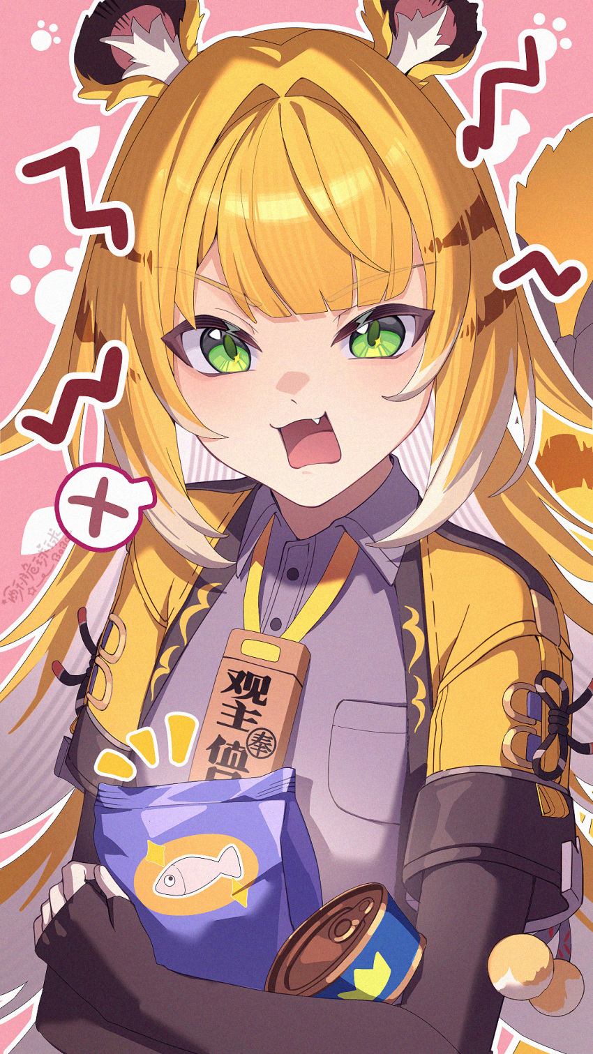 1girl, animal_ear_fluff, animal_ears, black_gloves, blonde_hair, can, canned_food, collared_shirt