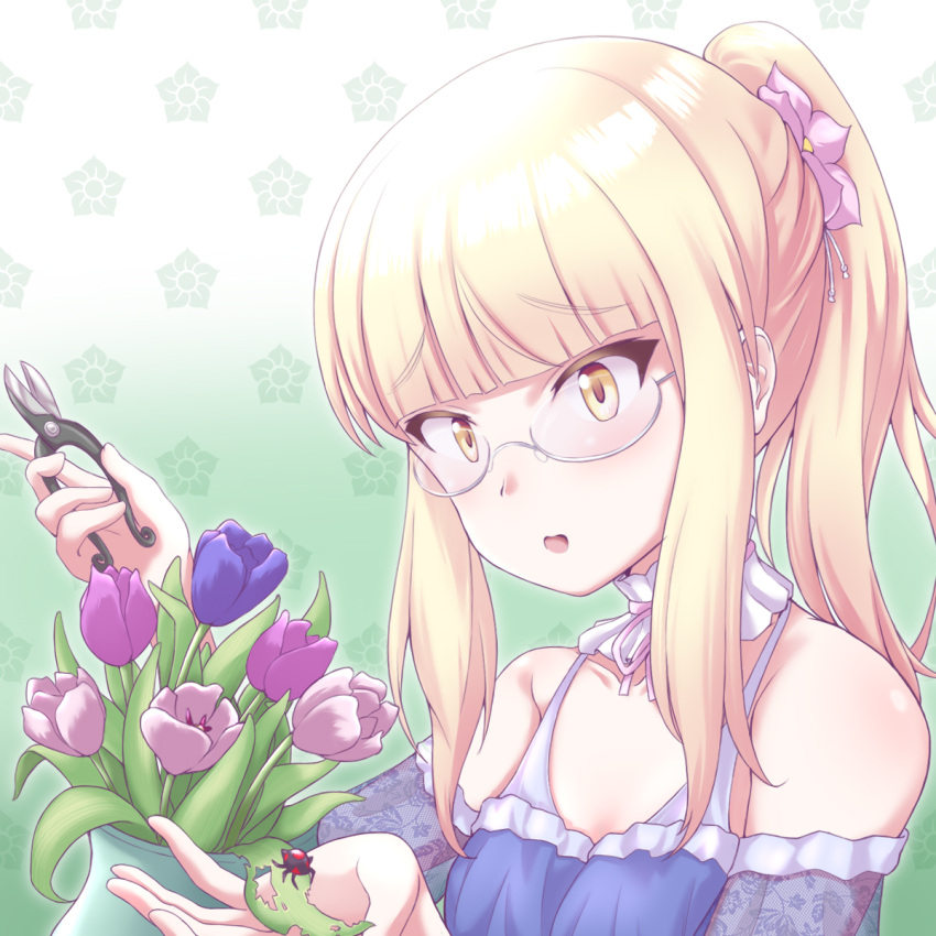 1girl, blonde_hair, blue_dress, blue_flower, bouquet, bug, dress, flower