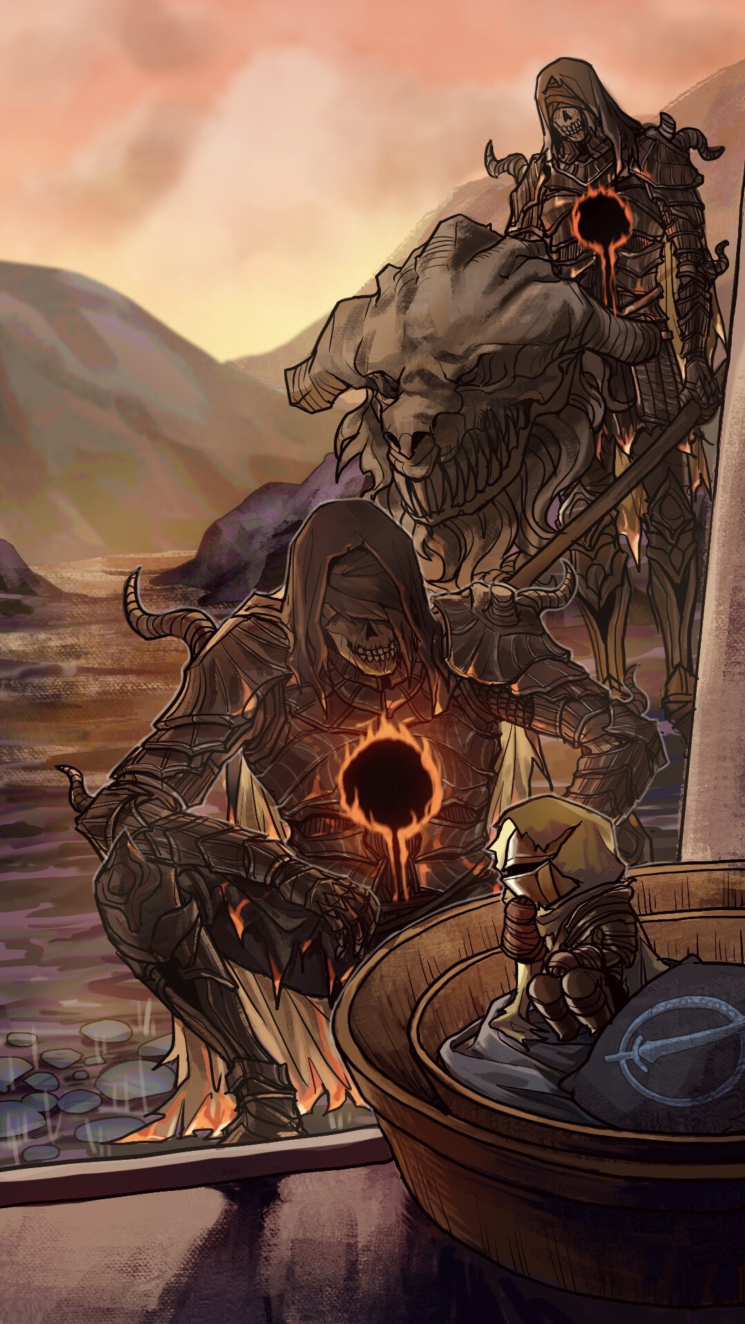 3boys, armor, black_armor, black_sun, blurry, blurry_background, cape, character_request