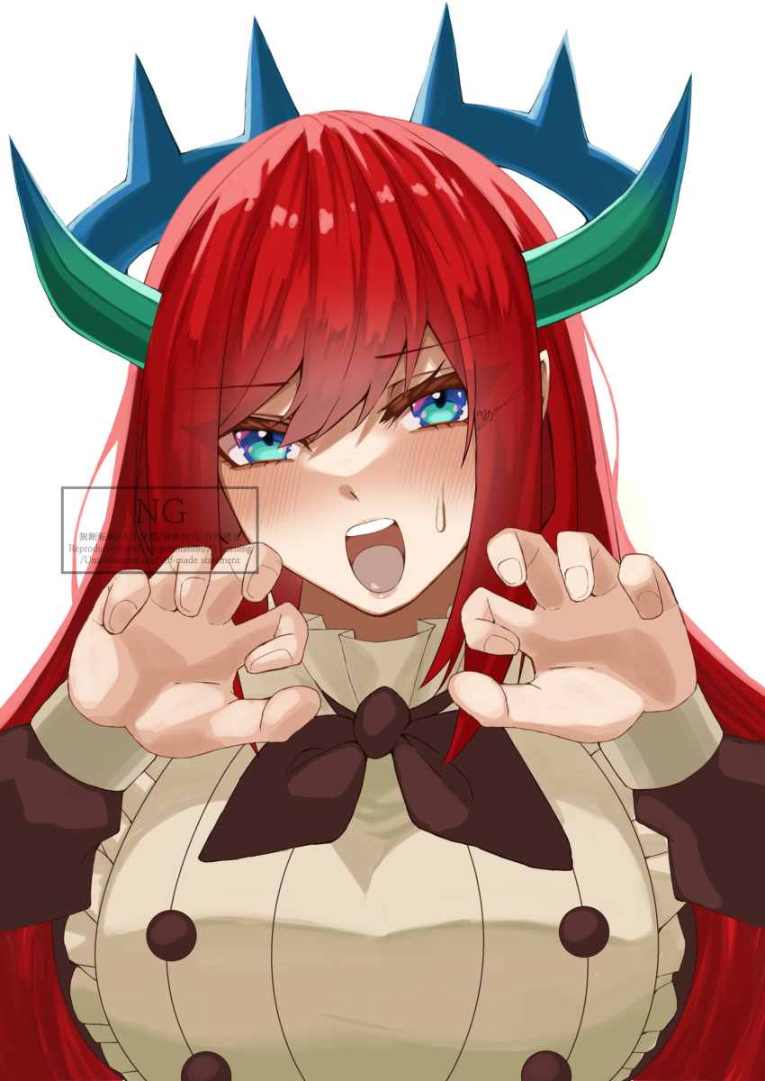 1girl, absurdres, blue_hair, blush, breasts, brown_dress, claw_pose, dragon_girl
