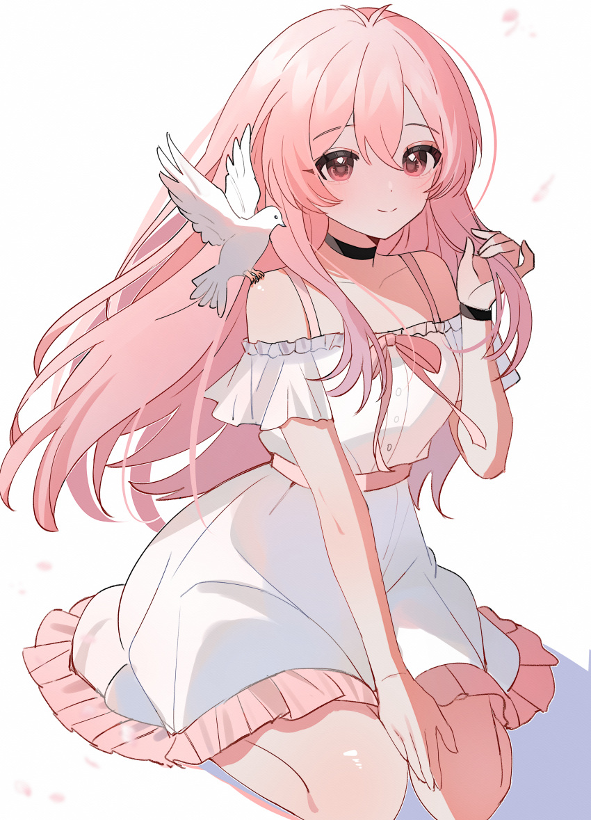 1girl, absurdres, animal, animal_on_shoulder, antenna_hair, bare_shoulders, belt, bird