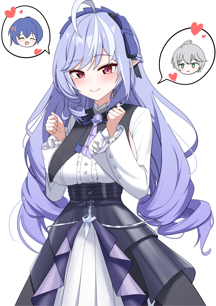 1boy, 2girls, absurdres, ahoge, ascot, belle_(zenless_zone_zero), blue_hair, bow