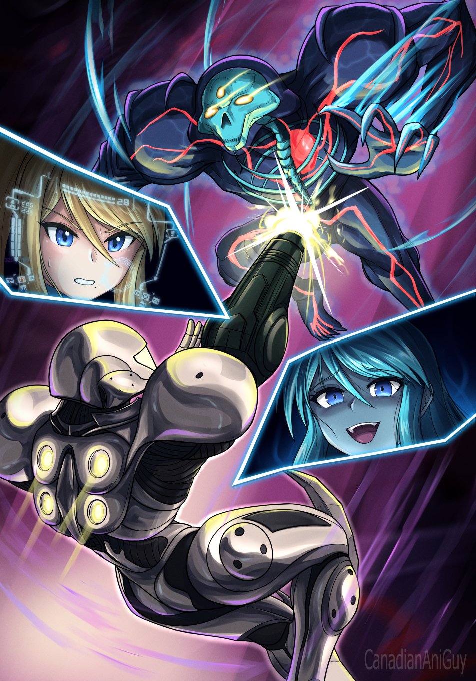 2girls, arm_cannon, artist_name, blonde_hair, blue_eyes, blue_hair, blue_skin, canadiananiguy