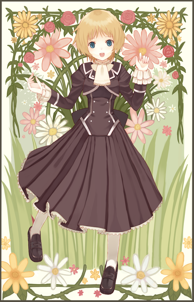 avril_bradley, blonde_hair, blue_eyes, dress, flower, gosick, mon0351, open_mouth, school_uniform, short_hair, smile, solo