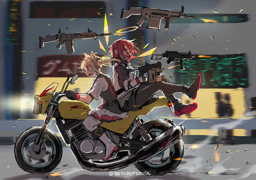 2girls, animal_ears, arknights, assault_rifle, back-to-back, black_gloves, black_pantyhose, black_skirt