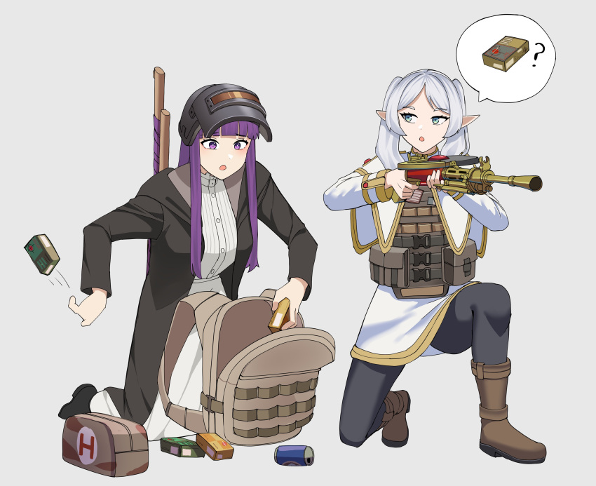 2girls, absurdres, backpack, bag, can, capelet, combat_helmet, dp-27, dress, drink_can, fern_(sousou_no_frieren), frieren, gar32, gun, helmet, highres, long_hair, machine_gun, multiple_girls, playerunknown's_battlegrounds, purple_hair, sousou_no_frieren, squatting, very_long_hair, weapon, white_capelet, white_dress, white_hair