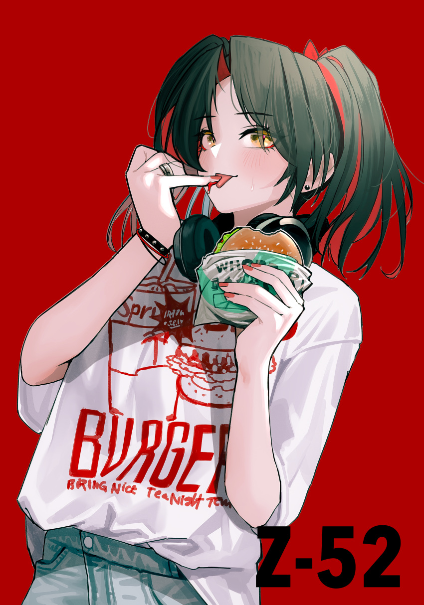 1girl, absurdres, azur_lane, black_hair, bracelet, burger, character_name, colored_inner_hair