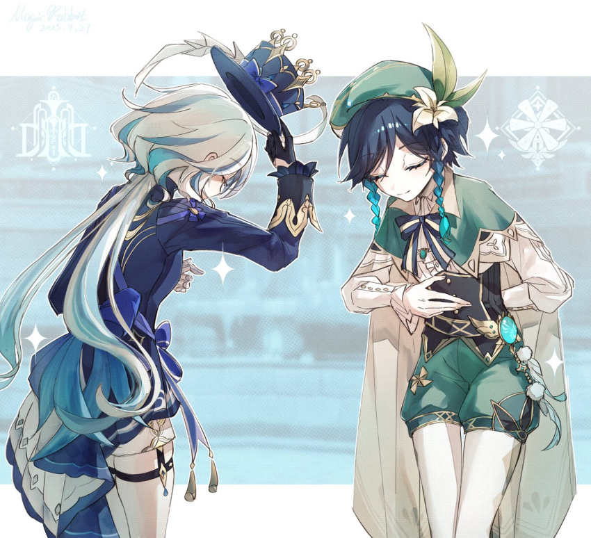 1boy, 1girl, aqua_hair, beret, black_corset, black_gloves, black_hair, blue_hair
