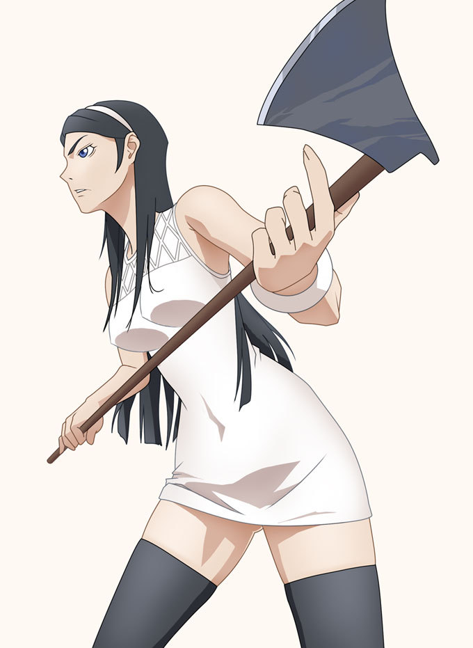 axe, black_hair, black_legwear, black_thighhighs, blue_eyes, bracelet, dress, hairband, jewelry, kumashiro_maya, long_hair, minidress, occult_academy, seikimatsu_occult_gakuin, simple_background, solo, standing, thigh-highs, thighhighs, weapon, white_dress, yosihuto, zettai_ryouiki