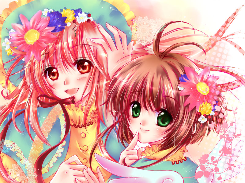 blush, brown_hair, card_captor_sakura, cardcaptor_sakura, child, crossover, finger_to_mouth, flower