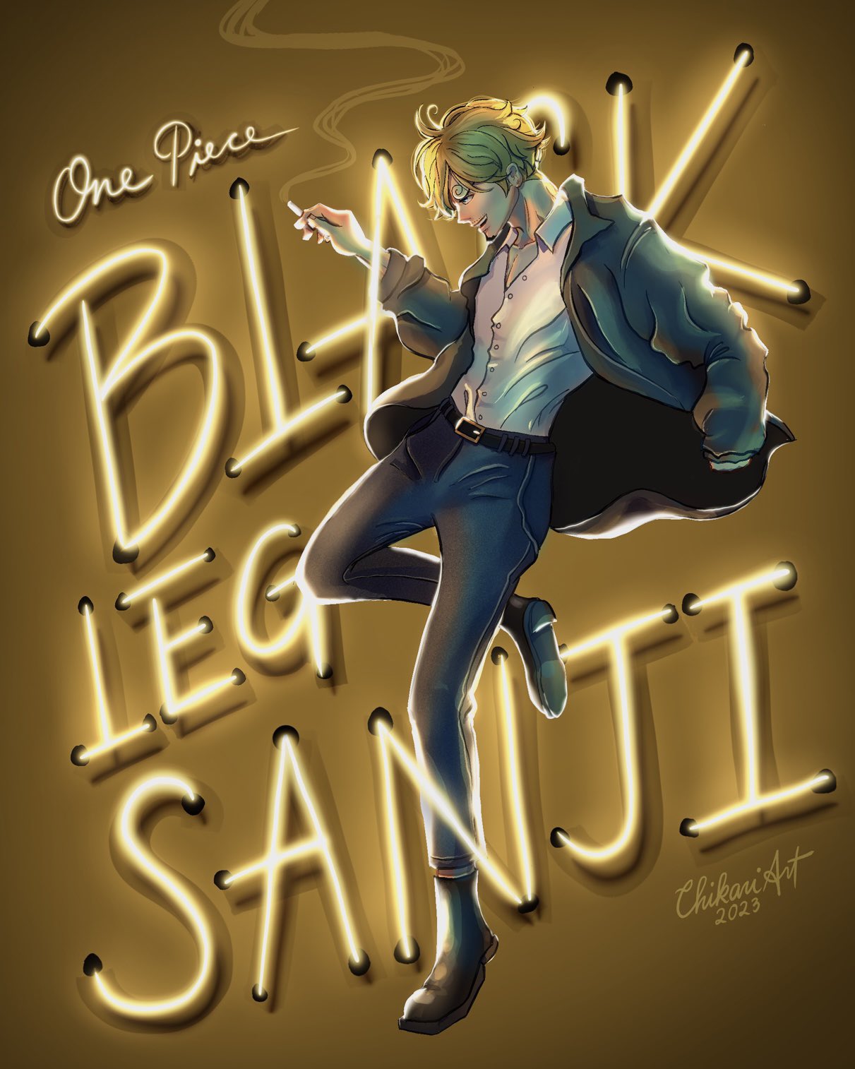 1boy, black_jacket, black_pants, blonde_hair, character_name, chikariart, cigarette, collared_shirt