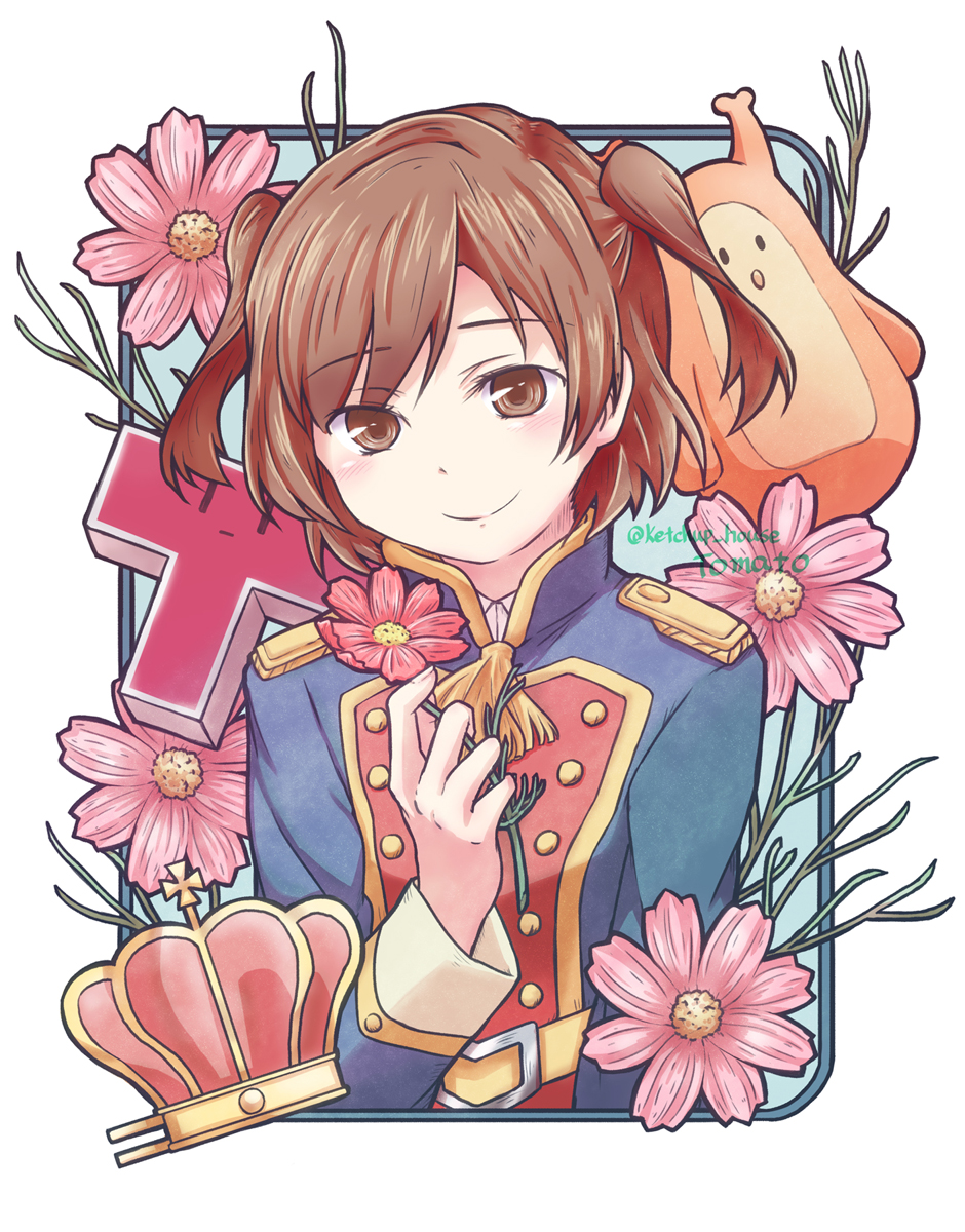 1girl, aiguillette, aijou_karen, arm_at_side, artist_name, belt, belt_buckle, blue_background