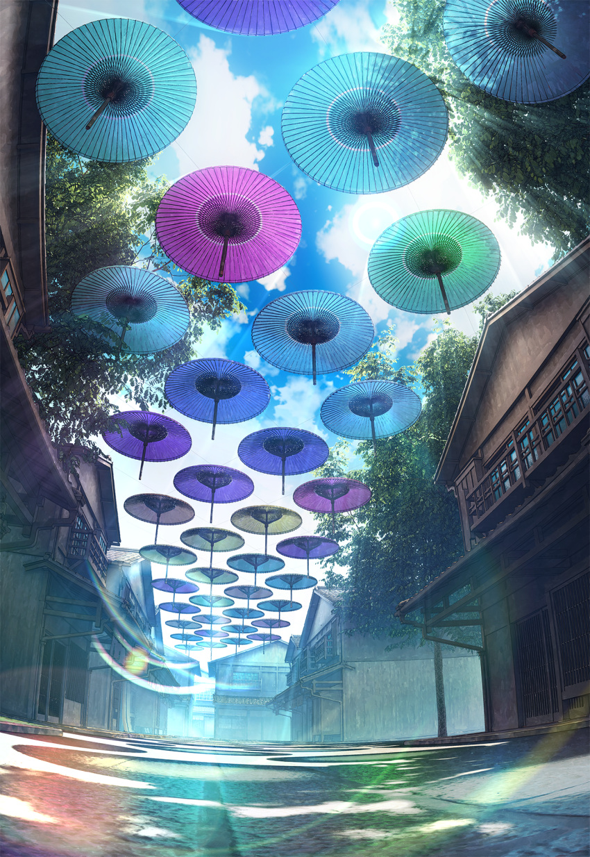 balcony, building, clouds, commentary_request, day, hachio81, highres, lens_flare
