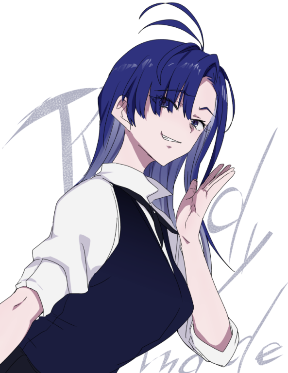 1girl, ado_(utaite), ahoge, black_ribbon, blue_eyes, blue_hair, blue_vest, breasts