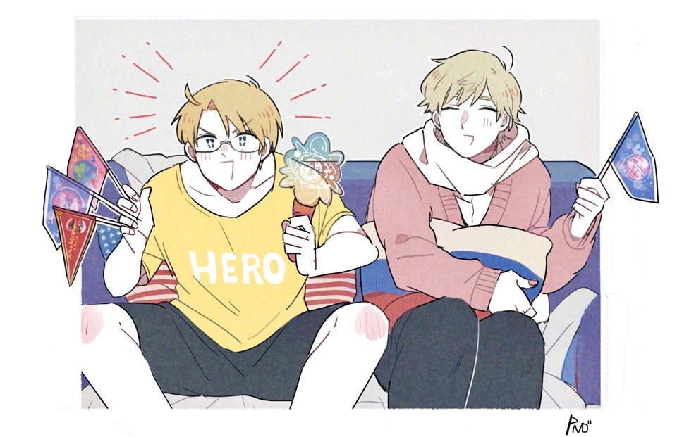 +_+, 2boys, ahoge, america_(hetalia), american_flag, american_flag_print, axis_powers_hetalia, between_fingers
