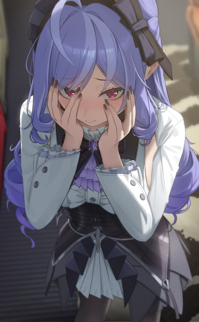 1girl, absurdres, ascot, black_bow, black_bowtie, black_nails, black_pantyhose, black_skirt, blush, bow, bowtie, breasts, center_frills, closed_mouth, commentary_request, dress, fingernails, frills, hair_bow, hands_on_own_face, highres, icetea_art, large_breasts, long_sleeves, looking_at_viewer, mole, mole_under_eye, multicolored_hair, nail_polish, overskirt, paid_reward_available, pantyhose, partial_commentary, pointy_ears, purple_ascot, purple_hair, red_eyes, shrug_(clothing), sidelocks, skirt, smile, solo, streaked_hair, vivian_(zenless_zone_zero), white_dress, white_shrug, zenless_zone_zero