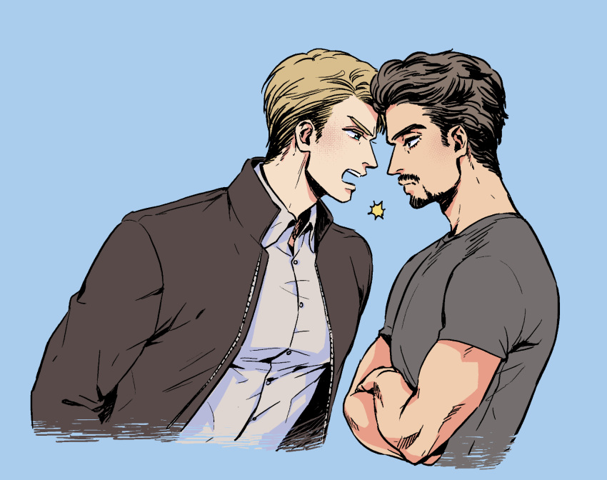 2boys, angry, animification, avengers_(series), black_eyes, blonde_hair, blue_background, blue_eyes