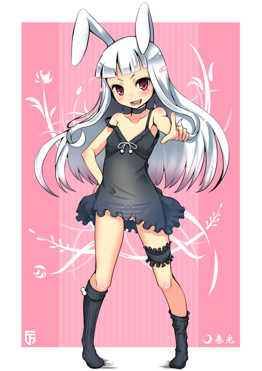 animal_ears, black_kneehighs, black_legwear, blush, bow, bow_panties, bunny_ears, choker
