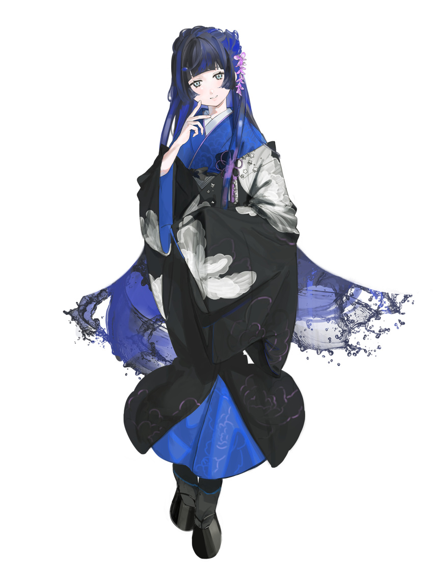 1girl, black_hair, blue_hair, chain_paradox, flower, full_body, hair_flower, hair_ornament