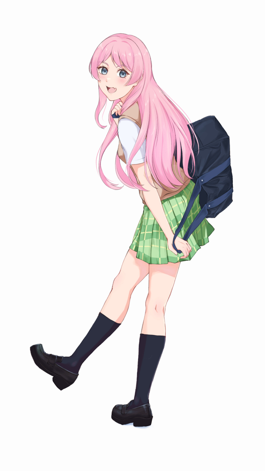 1girl, bag, bang_dream!, bang_dream!_it's_mygo!!!!!, black_bag, black_shoes, black_socks, brown_sweater_vest, chihaya_anon, commentary, fang, full_body, green_skirt, grey_eyes, haneoka_school_uniform, highres, kneehighs, long_hair, looking_at_viewer, miyamu, open_mouth, pink_hair, plaid_clothes, plaid_skirt, pleated_skirt, school_bag, school_uniform, shirt, shoes, simple_background, skin_fang, skirt, socks, solo, sweater_vest, white_background, white_shirt