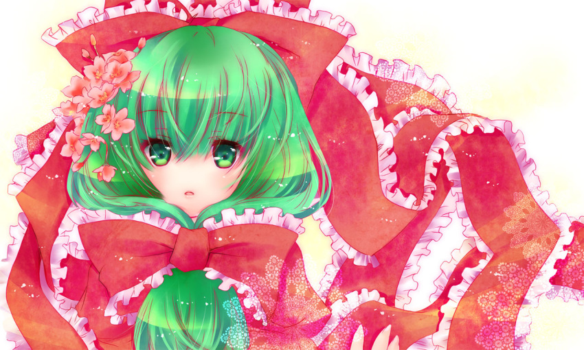 1girl, bow, floral_print, flower, frills, green_eyes, green_hair, hair_bow