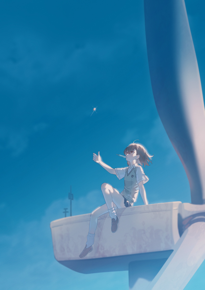 1girl, az_(zero_glvimayhop), blue_sky, brown_eyes, brown_hair, brown_shoes, brown_sweater_vest, coin